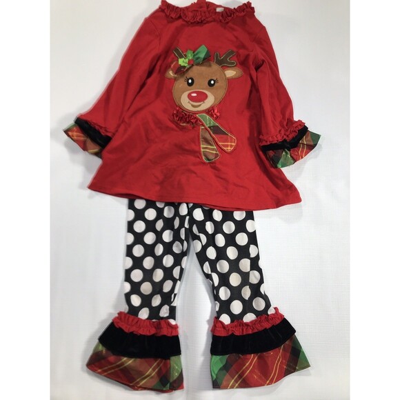 Rare Too Xmas Outfit Girls 3t Polka Dot Plaid Pant Red Top Reindeer Ruffle Hems - Picture 1 of 6
